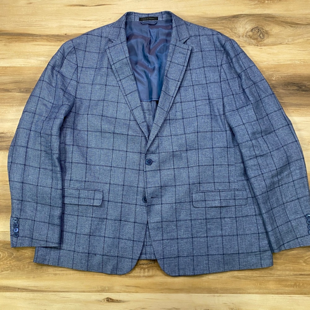 Lauren Ralph Lauren Blazer 50R Blue Windowpane Check 100% Linen Sport Coat Mens